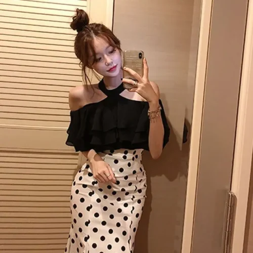 kf S3d4f13988b0f4a93b3b52155c4250979l Off Shoulder Halter Sexy Chiffon Blouse Women 2022 Korean Ruffles Summer Woman Shirt Short Sleeve Solid