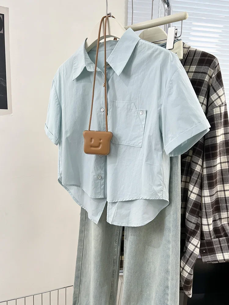 kf S3d67d45849a643bf92fd3b2b808734b75 Korean Fashion Short Sleeve Shirt Women 2024 New Cute Crop Top Preppy Button up Shirts Casual