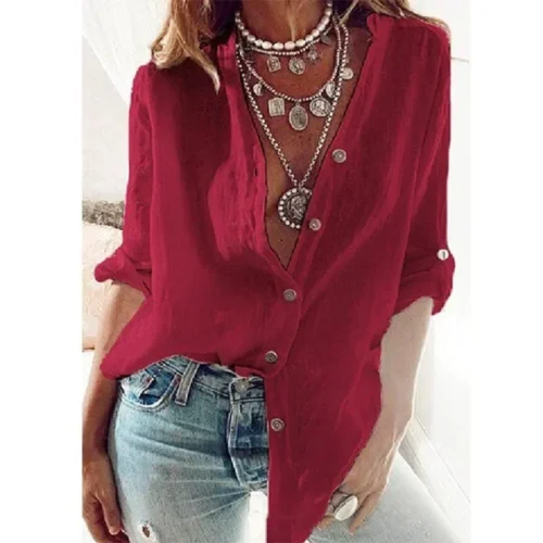 kf S4042fbb5730340bc8dc4301feba6578a5 Summer Women s Cotton Linen Shirt Fashion Solid Color Casual Loose Button V Neck Long Sleeve