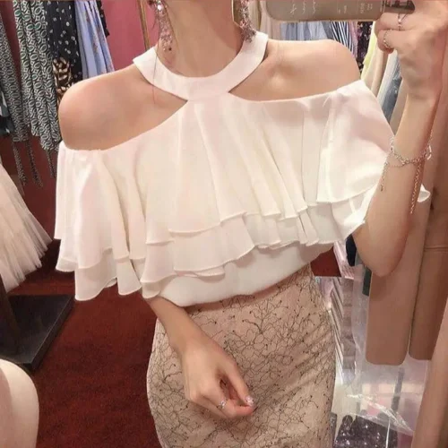 kf S40a554d4e84740439075697c1019ca2bw Off Shoulder Halter Sexy Chiffon Blouse Women 2022 Korean Ruffles Summer Woman Shirt Short Sleeve Solid