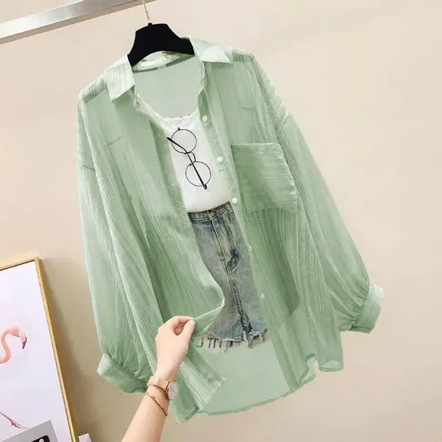 kf S41323272142e4946bac91be483cfd7e4L Summer Sunscreen Shirt Elegant Perspective Thin Chiffon Blouse Korean Harajuku See Through Loose Top Casual Women