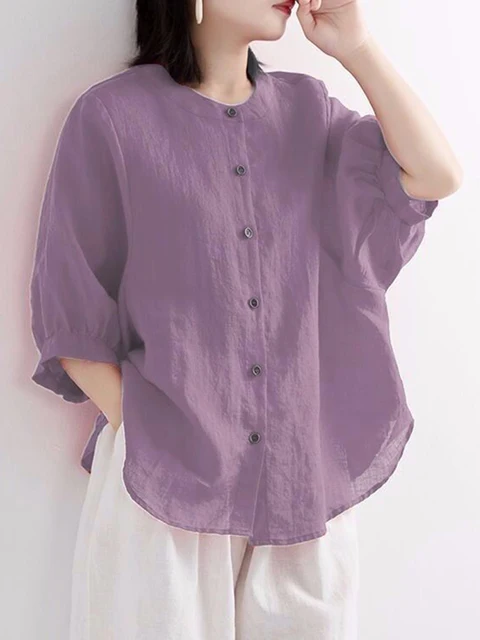 kf S422f58c3a8644507afa292b2b352fd25V ZOKI Casual Cotton Linen Shirts Oversize Summer Lantern Half Sleeve Tops Summer Korean Loose Mom Button