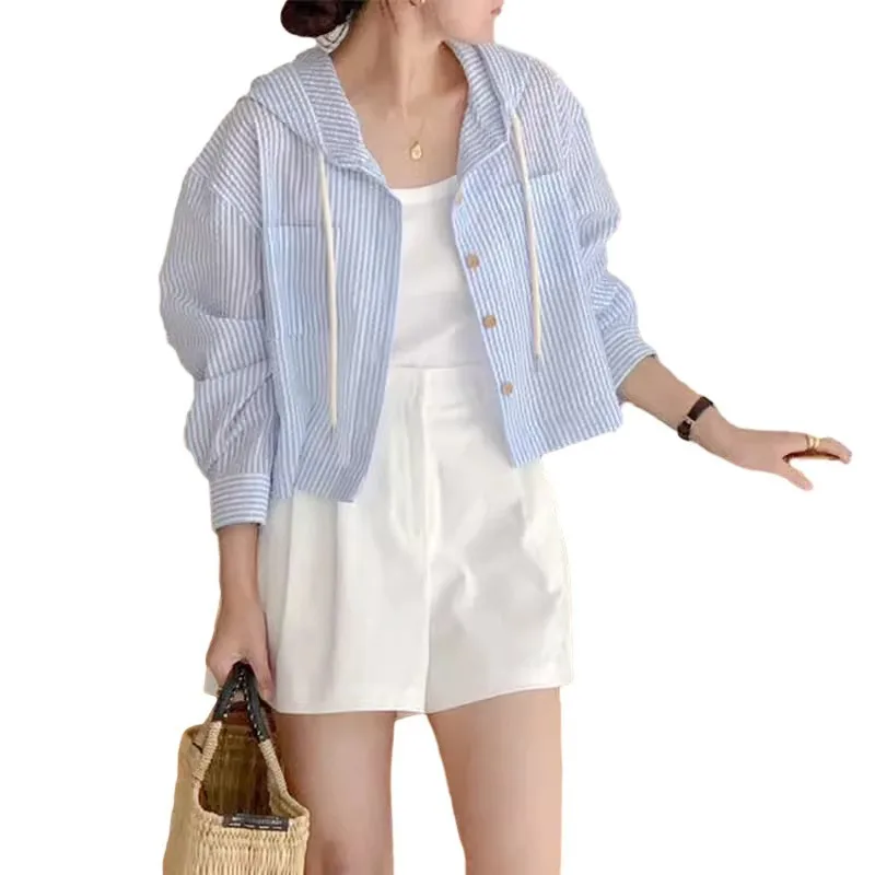 kf S427f31440c6c4757b63e1ff497727358M Summer Striped Loose Casual Single Breasted Short Long Sleeve Sun Protection Hooded Shirt Cardigan High Quality