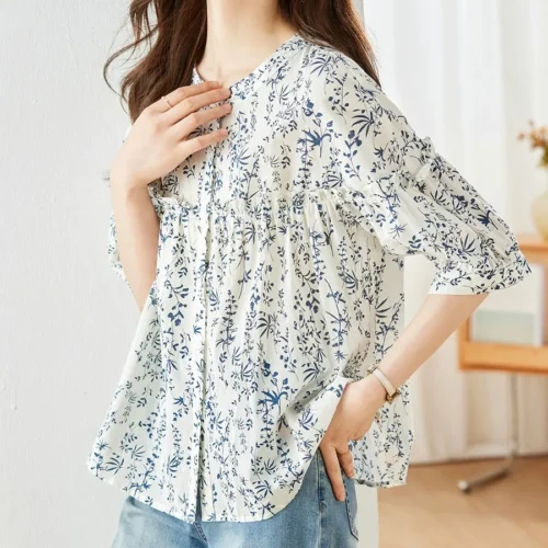 kf S440eaaf0faee4474b5d4708d7d342ea2K 2024 Spring Summer Flower Printed Cotton Shirt Round Neck Women Blouse 3 4Sleeve Summer Single breasted