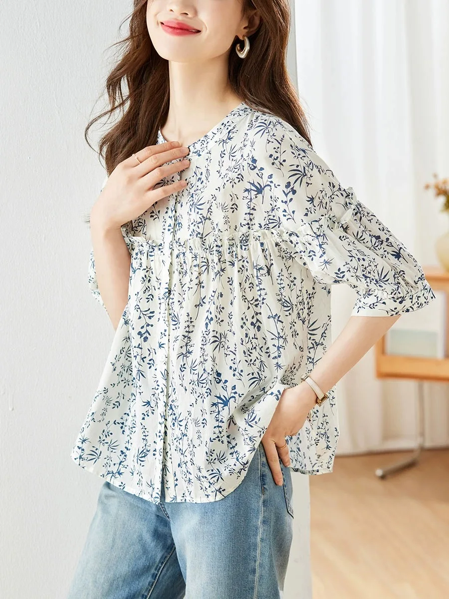 kf S440eaaf0faee4474b5d4708d7d342ea2K 2024 Spring Summer Flower Printed Cotton Shirt Round Neck Women Blouse 3 4Sleeve Summer Single breasted