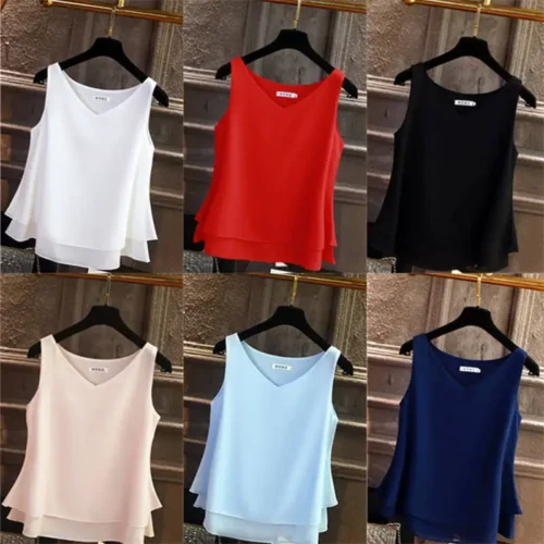 kf S46b2f28929a4447daeb8f238c013cfb5a 2024 Fashion Brand Women s Blouse Tops Summer Sleeveless Chiffon Shirt Solid V neck Casual Blouse