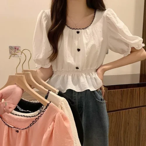 kf S476410439f314817b8d94ae01092dcf9l Xpqbb Summer Puff Sleeve Chiffon Shirt Women Sweet Cute Ruffles Waist Tight Crop Tops Female Casual