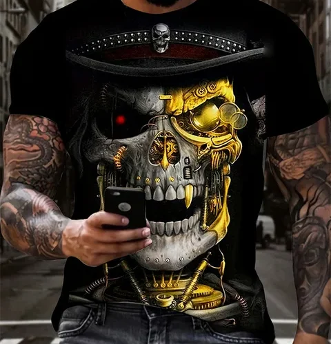 kf S4806584105a74370b5d4f7a8bc653b9a5 Men s Horror Skull Print T Shirt 3D Print Vintage O Neck Short Sleeve Fashion Oversized