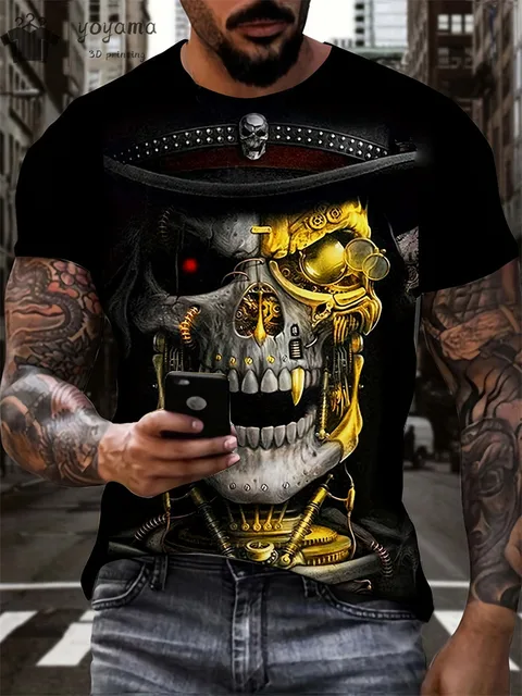 kf S4806584105a74370b5d4f7a8bc653b9a5 Men s Horror Skull Print T Shirt 3D Print Vintage O Neck Short Sleeve Fashion Oversized