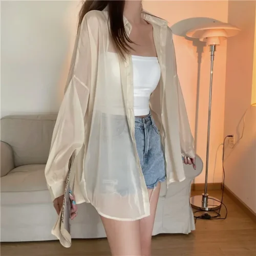 kf S4dd02b471a5f4c809aa8d58647683dfby Fashion Women Holiday Beach Shirts See Through Chiffon Blouse New Summer Tops Sun Protection Clothes Long