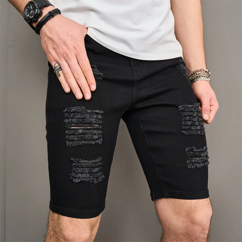 kf S4e8ceed211b4418c9370669da5d7c544W Street Men Holes Distressed Slim Beach Denim Shorts Summer Stylish Solid Male Casual Jean Five point