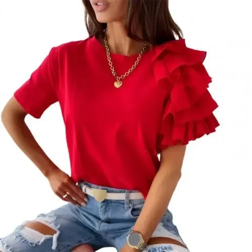 kf S4ed6373784e548b0849a1c03b04b89e0F Fashion blouse women elegant white Solid Color Layered Ruffle Short Sleeve Asymmetric Loose T shirt Top