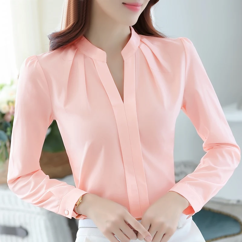 kf S4f702fb5979d4e6fb8c6cd1c1b976aad2 Blusas Mujer De Moda 2024 V neck Office Ladies Tops Solid Pink Blouse Women Long Sleeve