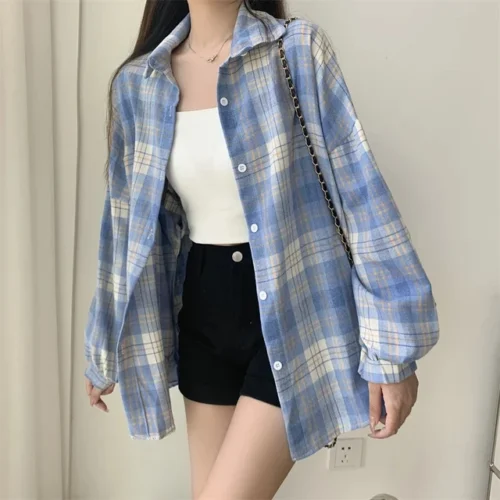 kf S503515bab792458eb16f6141fbfbd456X Plaid Shirt Women Autumn Long Sleeve Top Female Vintage Fashion Single Breasted Blouse Ladies Preppy Style