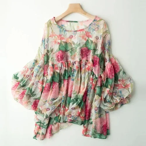 kf S5117ed7629644a28aee76cc9500b03f26 Floral Chiffon Shirt Blouse Top 2024 Spring Clothes Loose Size Korean Fashion Retro Thin Loose Casual