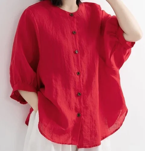 kf S522f15e8c8d44cca96c3f4713584dfb9p ZOKI Casual Cotton Linen Shirts Oversize Summer Lantern Half Sleeve Tops Summer Korean Loose Mom Button