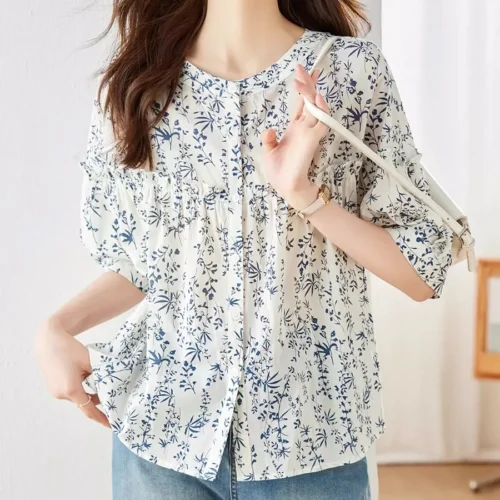 kf S53306f5fb5b24578b6e2021d013d85d7P 2024 Spring Summer Flower Printed Cotton Shirt Round Neck Women Blouse 3 4Sleeve Summer Single breasted