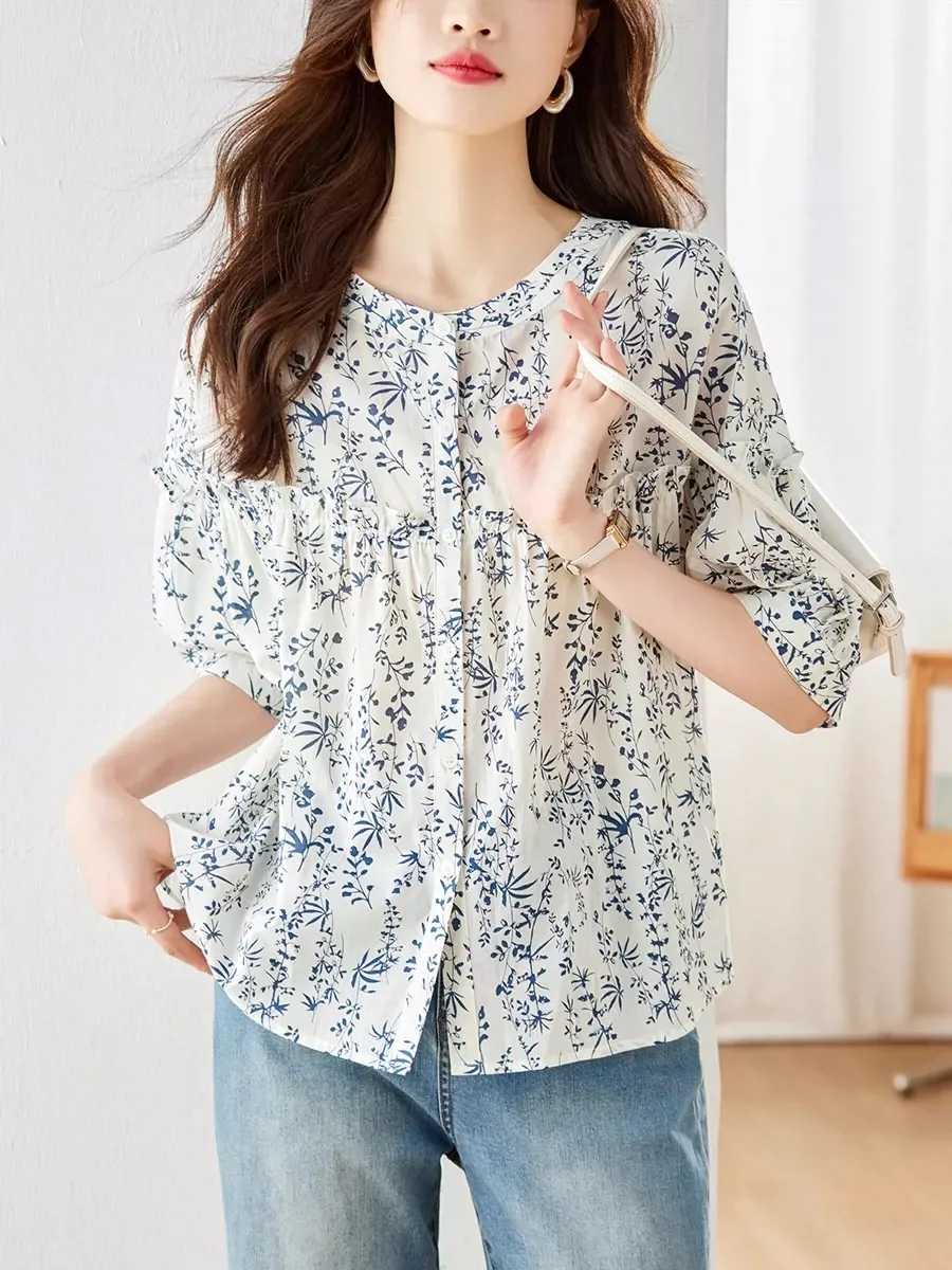 kf S53306f5fb5b24578b6e2021d013d85d7P 2024 Spring Summer Flower Printed Cotton Shirt Round Neck Women Blouse 3 4Sleeve Summer Single breasted