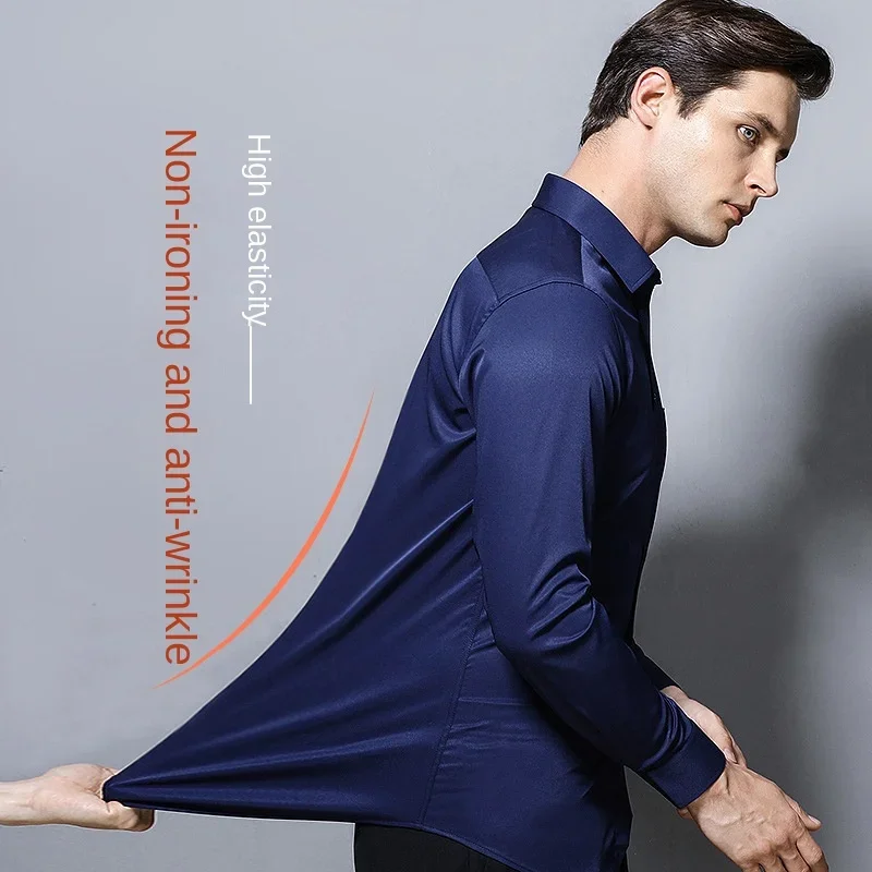 kf S543f240de9614668a69a0f8a3cbe6736S Men s long sleeved elastic shirt non ironing business dress professional work attire stand up collar