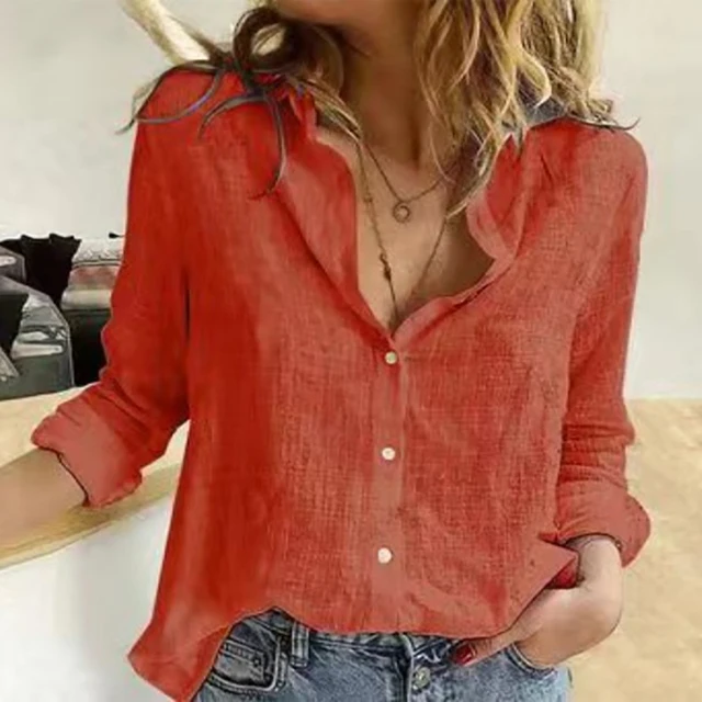 kf S54dfdfc9763d447ba0ac515ff6efdc8dv Elegant Cotton Linen Shirts Women Casual Solid Button Lapel Blouses Shirts Autumn Winter Long Sleeve Loose