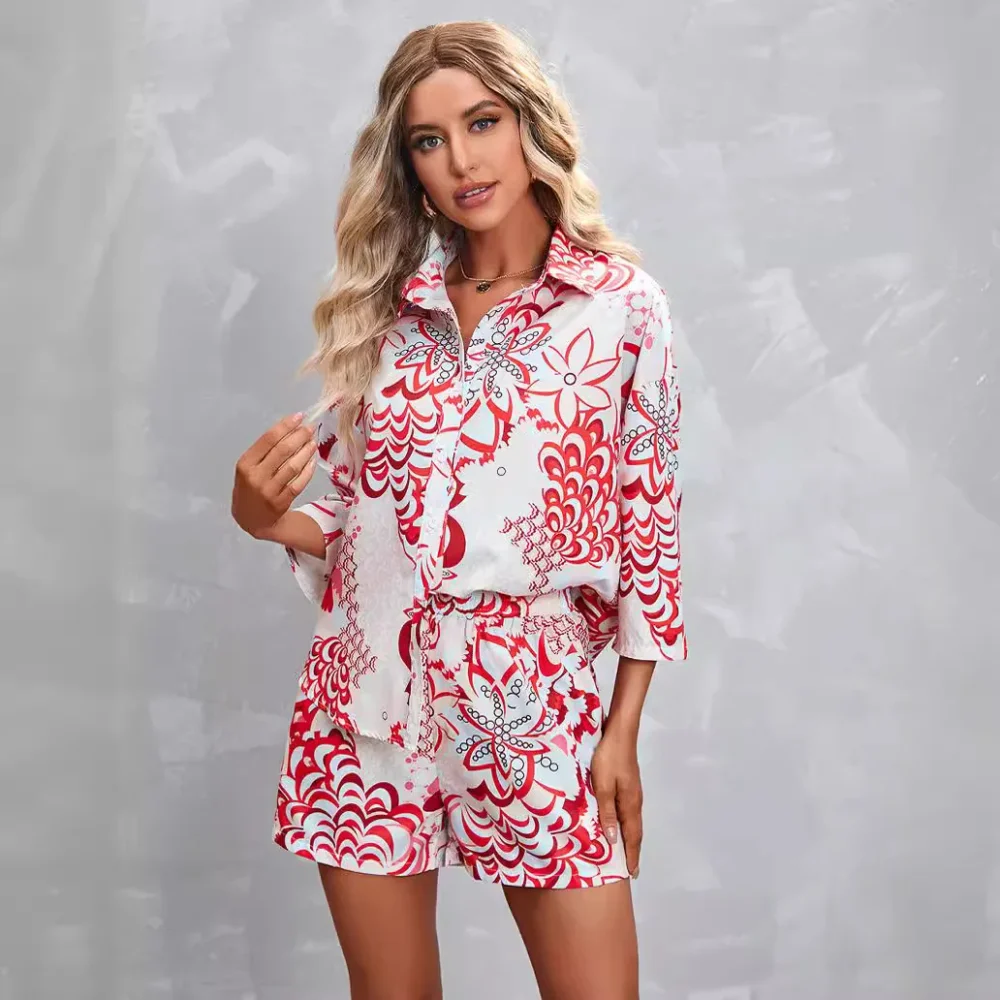 kf S553d1a50484549969c25dedc545b74f0j High Quality Women s Hot Selling Print Three Quarter Sleeve Personalized Print Shirt Elastic Waist Shorts