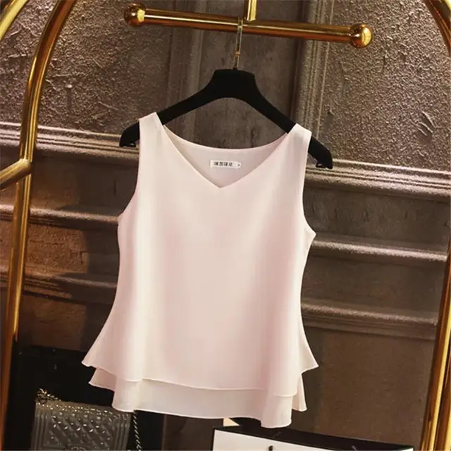 kf S55dfec4df645414487a297a365a424e94 2024 Fashion Brand Women s Blouse Tops Summer Sleeveless Chiffon Shirt Solid V neck Casual Blouse