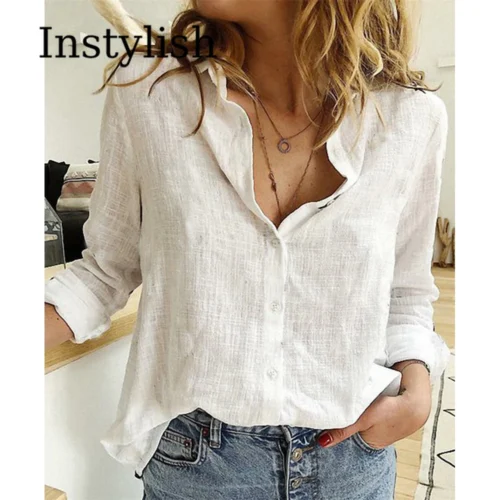 kf S562f165de2f542b28df5f608141a948dQ Elegant Cotton Linen Shirts Women Casual Solid Button Lapel Blouses Shirts Autumn Winter Long Sleeve Loose