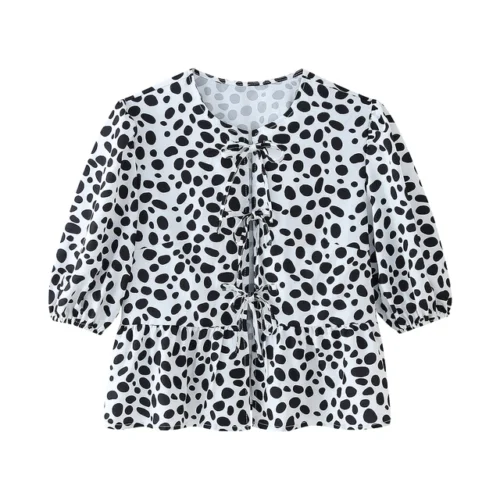 kf S56b097adbef24912aec85f37d3a52adbq Summer Shirt With Strap Lace up Leopard Blouse Puff Sleeve Crop Top Women s Summer Clothing