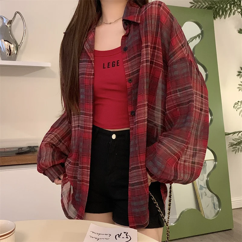 kf S5755f546242043ab90118e63316f0fedh Oversized Long Sleeve Check Shirt Women Summer Lightweight Button Front Plaid Blouse Ladies Teengirl Preppy Daily