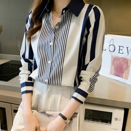 kf S580861610bde4fdc8ebc44003037b79dz Long Sleeve Striped Chiffon Blouse Shirt Women Tops Blusas Mujer De Moda 2024 Turn Down Collar