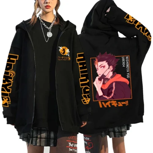 kf S59c0f853b61c44d3aed12ffa9b9dcdaej Women Men Anime Hoodie Haikyuu Zip Up Jacket Karasuno High School Plus Size Sweatshirt Harajuku Unisex