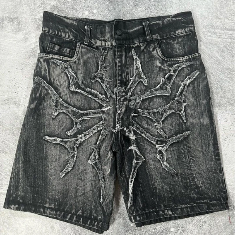 kf S5b67c89e904547d792498ef4208b0666U Spider web geometric pattern embroidery high quality design baggy denim shorts mens y2k old washed personalized