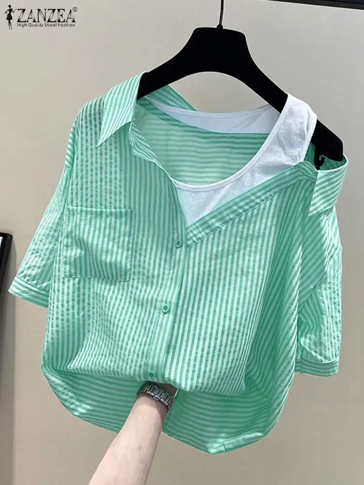 kf S5b77e09f245c46cb8e1c4ddfd4623fb9E Women Short Sleeve Patchwork Blouse ZANZEA Elegant Summer Shirt Causal Stripe Fake Two Pieces Tops OL