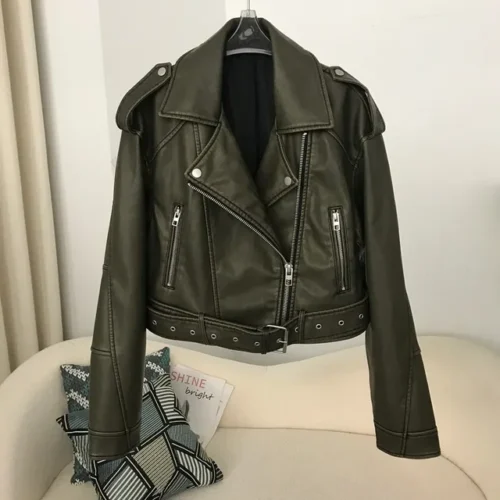 kf S5bff89fcd5024c478b5102b17dc16763r Pu Faux Leather Jacket Woman Chic Vintage American Spring Street Wear Short Lapel Zipper Belt Biker 1