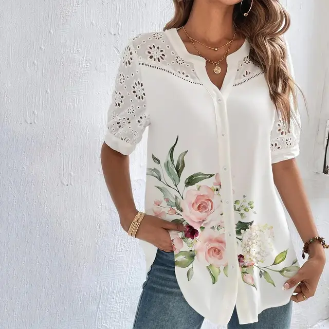 kf S5cafdcb7187d45bf90667ded69163e47x Temperament Casual Lace Woman Shirt Fashion Loose Shirt Woman Elegant Short Sleeve Blouse Holiday Weekend