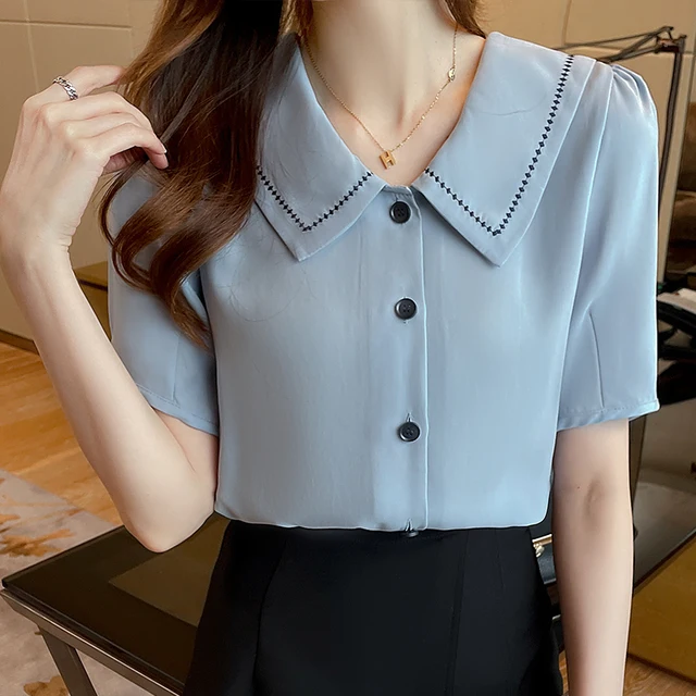 kf S5cf4b33f7b0545b6b8da66c8751c6ff0j Blusas Blouses Femme Tops Women Turn Down Collar Blouse Women 2024Summer White Blouse Short Sleeve Chiffon