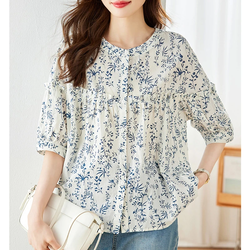 kf S5e5f8095c3a141aeb329df1963064128U 2024 Spring Summer Flower Printed Cotton Shirt Round Neck Women Blouse 3 4Sleeve Summer Single breasted