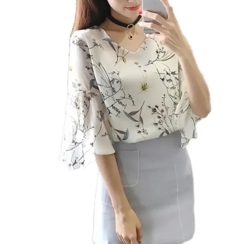 kf S5eb16e2d3001482c9139d7e8e1d736a56 Office Lady Fashion Flower Print Shirt Half Flare Sleeve V Neck Chiffon Blouse Casual Daily Wear