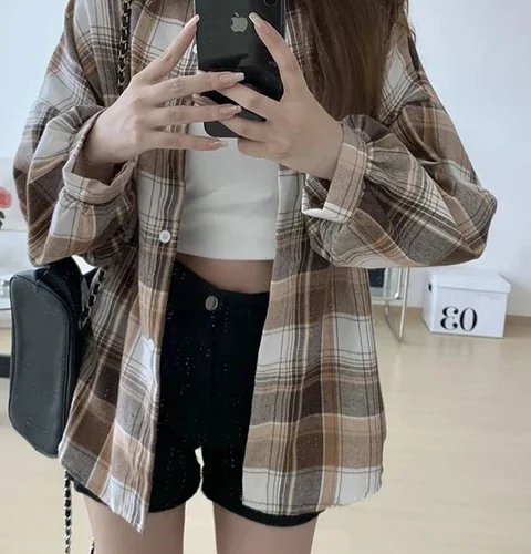 kf S60080a1151be4cb895ee3910ea74b728B Plaid Shirt Women Autumn Long Sleeve Top Female Vintage Fashion Single Breasted Blouse Ladies Preppy Style