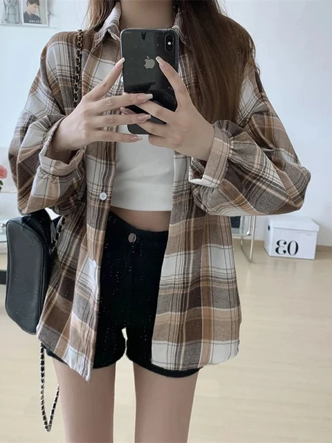 kf S60080a1151be4cb895ee3910ea74b728B Plaid Shirt Women Autumn Long Sleeve Top Female Vintage Fashion Single Breasted Blouse Ladies Preppy Style