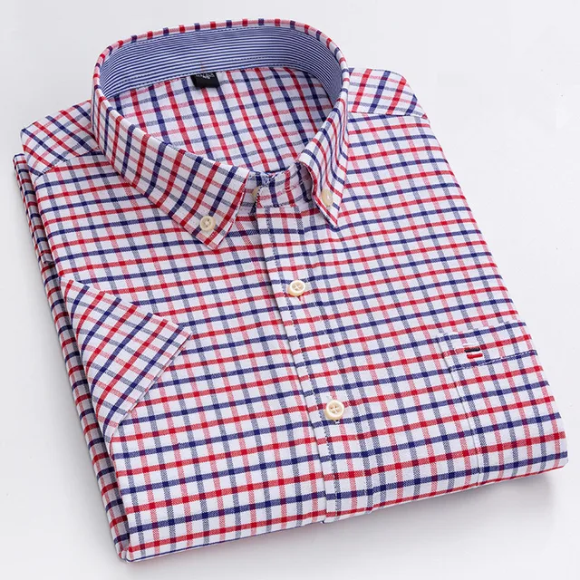 kf S62b9f30fcb284e6d9a0f569b4db261ff3 New High Quality Cotton Shirts for Men Short Sleeve Summer Plaid Striped Male Business Casual White