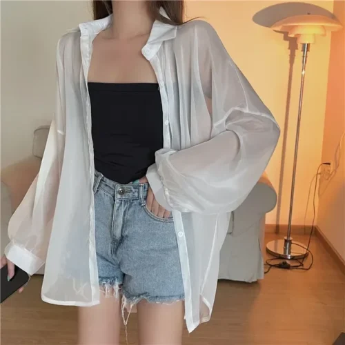 kf S6386d01994b74455a86f7e3fc01e96c2d Fashion Women Holiday Beach Shirts See Through Chiffon Blouse New Summer Tops Sun Protection Clothes Long 1