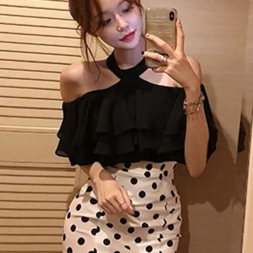 kf S63961a059137427794f3387456ceddaaz Off Shoulder Halter Sexy Chiffon Blouse Women 2022 Korean Ruffles Summer Woman Shirt Short Sleeve Solid