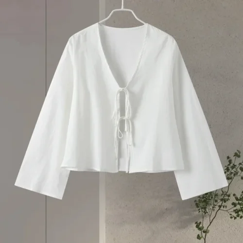 kf S6467e3baf40448f398e676ff7a777df8j Cotton Linen Lace Up Bow Shirts Women Loose Hollow Out V Neck Long Sleeve Tops Female