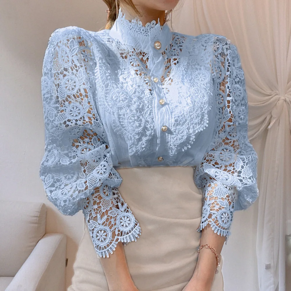 kf S646b5a734c924384a8182971796c8c59g Women Chiffon Button Turtleneck Shirt Chic Elegant Floral Lace Fluffy Long Sleeve Top Fashion Hollow Oversize