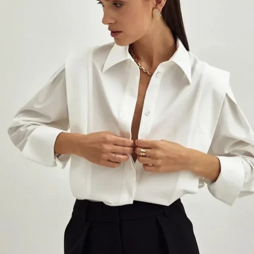 kf S658f72bd30534732928e5981b833fb86Z Ladies Solid Vintage Elegant Sexy Blouse Shirt Women Casual Button Turn Down Collar Party Women Shirt