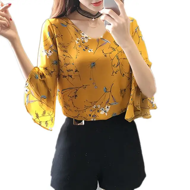 kf S66832e102de64c9a87db951a6ff7440eL Office Lady Fashion Flower Print Shirt Half Flare Sleeve V Neck Chiffon Blouse Casual Daily Wear