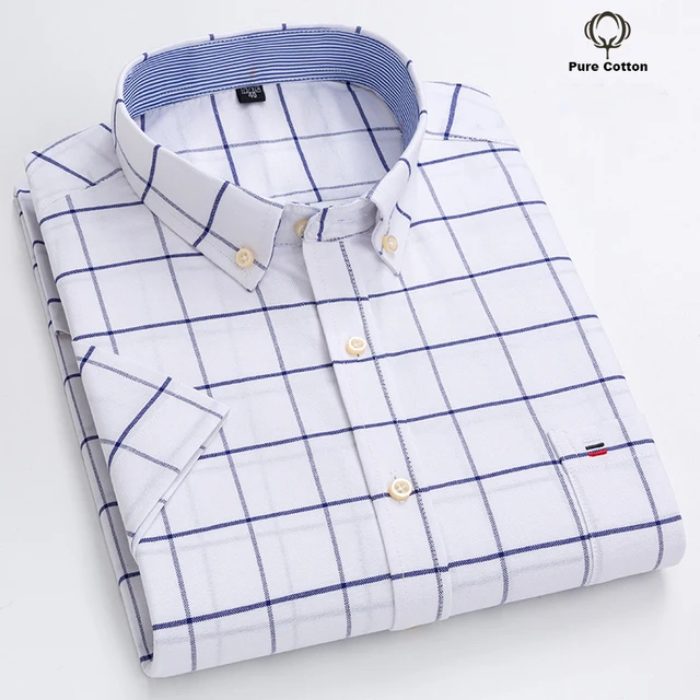 kf S66919dc0c40949dabafbaaa5e79400fes New Quality Men Social Shirt Short Sleeve 100 Pure Cotton Oxford Soft Buttoned Plaid Formal Male