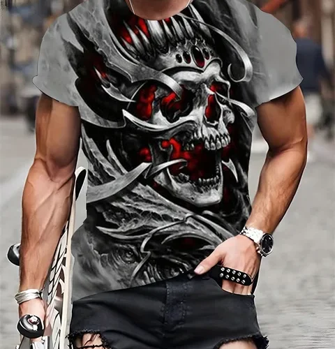 kf S66c7bcaaf78f401c83a13fa2ea2eb201c Men s Horror Skull Print T Shirt 3D Print Vintage O Neck Short Sleeve Fashion Oversized