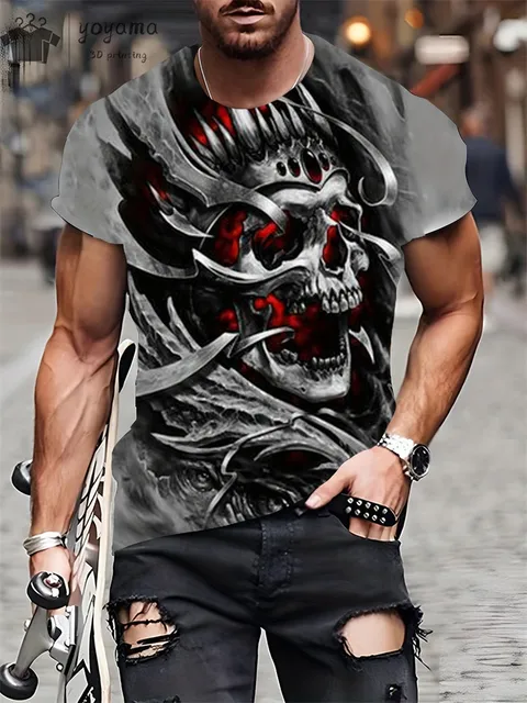 kf S66c7bcaaf78f401c83a13fa2ea2eb201c Men s Horror Skull Print T Shirt 3D Print Vintage O Neck Short Sleeve Fashion Oversized